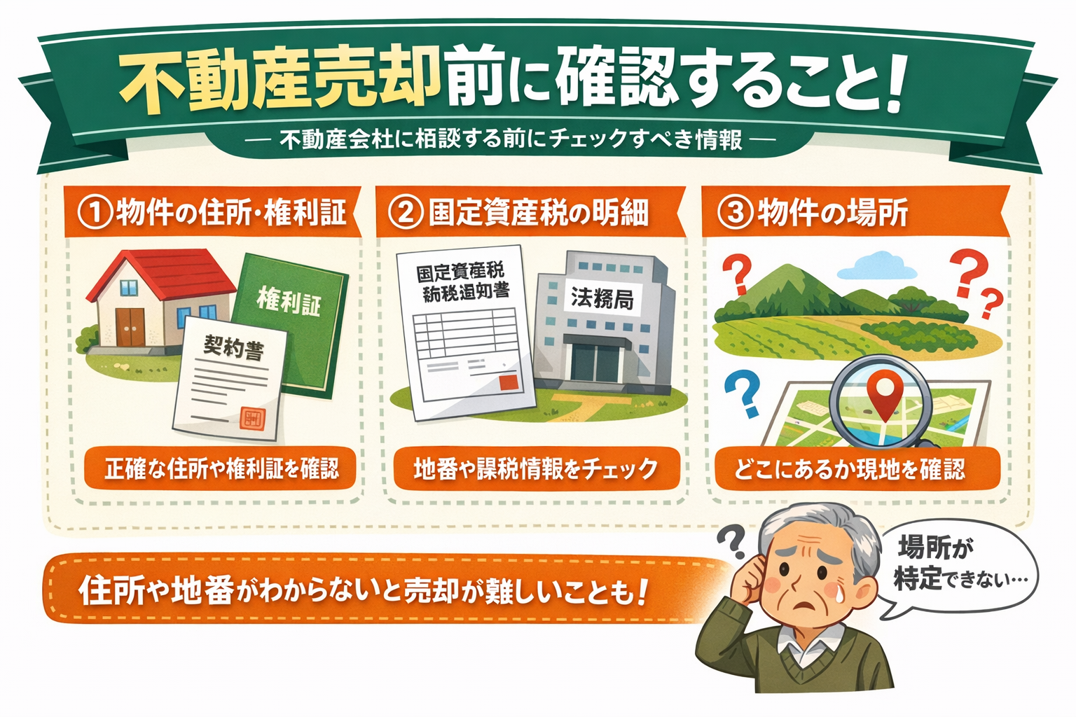 不動産売却前に確認する事 住所 権利証 固定資産税明細 物件の場所を調べる方法を解説した図