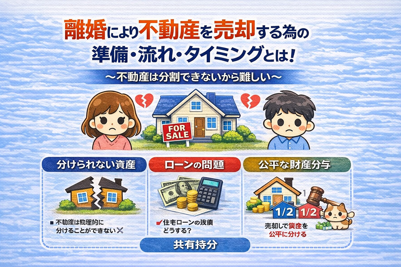 東京都府中市で離婚による不動産売却の流れ 共有持分や住宅ローン残債や財産分与の注意点を解説した図