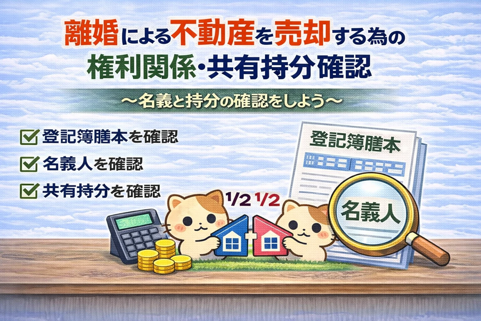 東京都府中市で離婚による不動産売却時の共有持分の確認方法 登記簿謄本で名義人や持分割合を確認する図