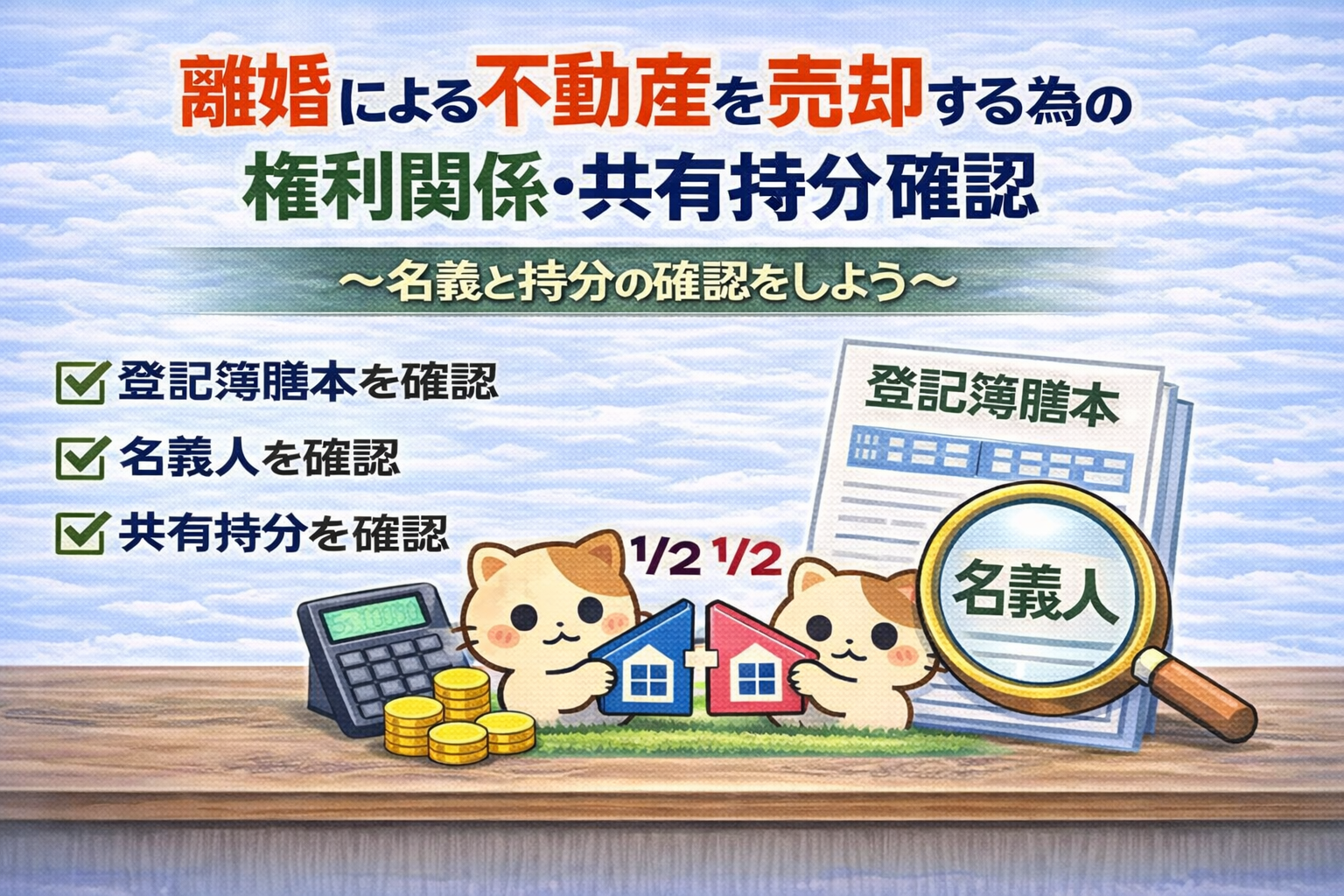 東京都府中市で離婚による不動産売却時の共有持分の確認方法 登記簿謄本で名義人や持分割合を確認する図