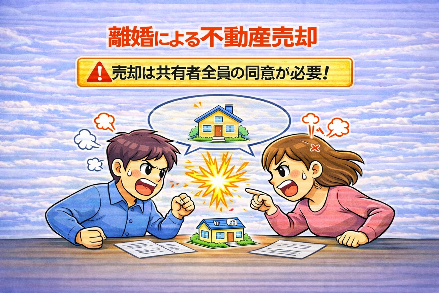 府中市の離婚による不動産売却で共有者全員の同意が必要なことを解説したイラスト