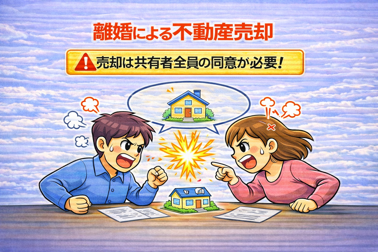府中市の離婚による不動産売却で共有者全員の同意が必要なことを解説したイラスト
