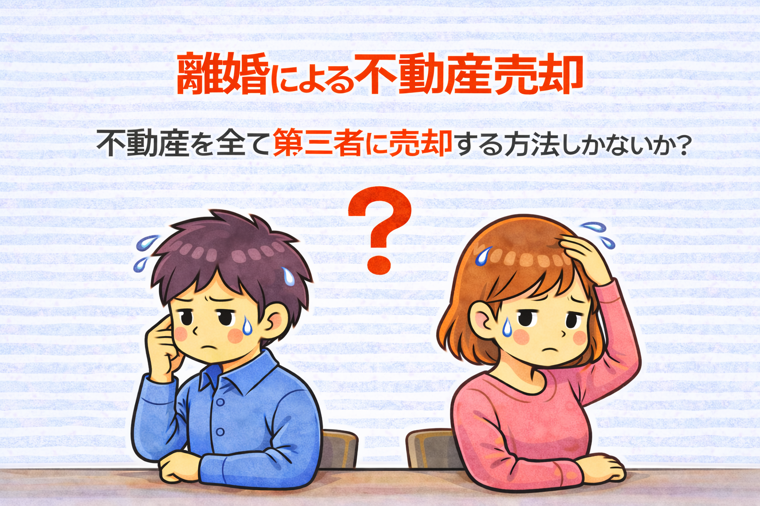 府中市の離婚による不動産売却で第三者への売却しか方法がないのか悩む夫婦のイラスト