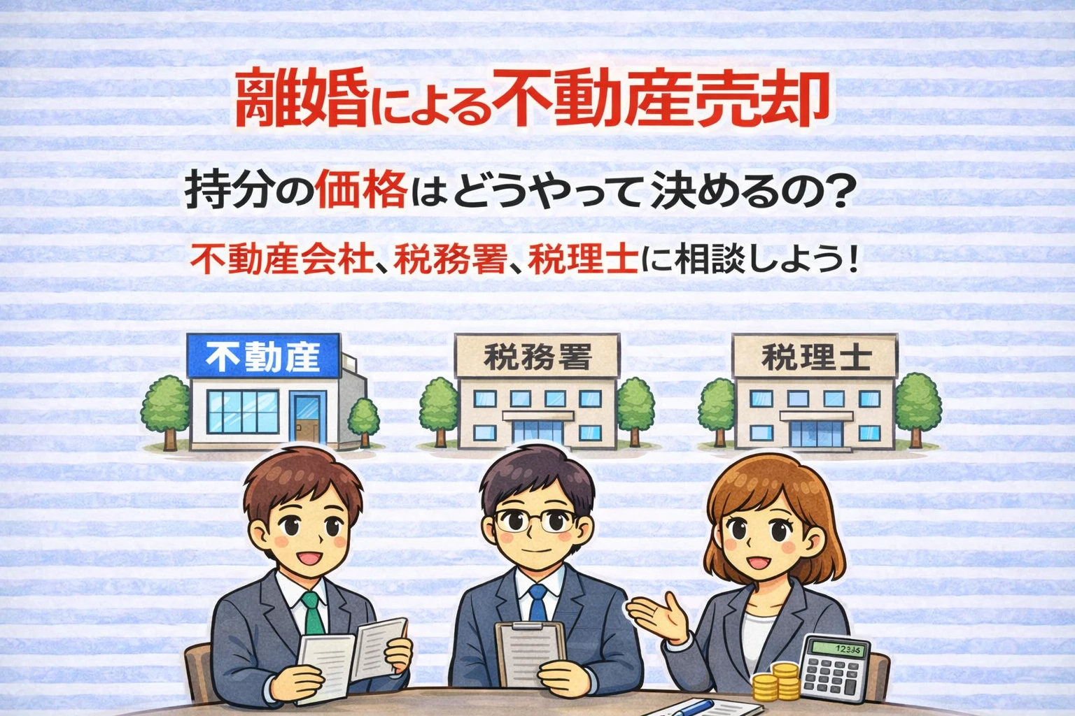 府中市の離婚による不動産売却で持分の価格をどうやって決めるかを解説したイラスト 不動産会社や税務署 税理士に相談する流れ