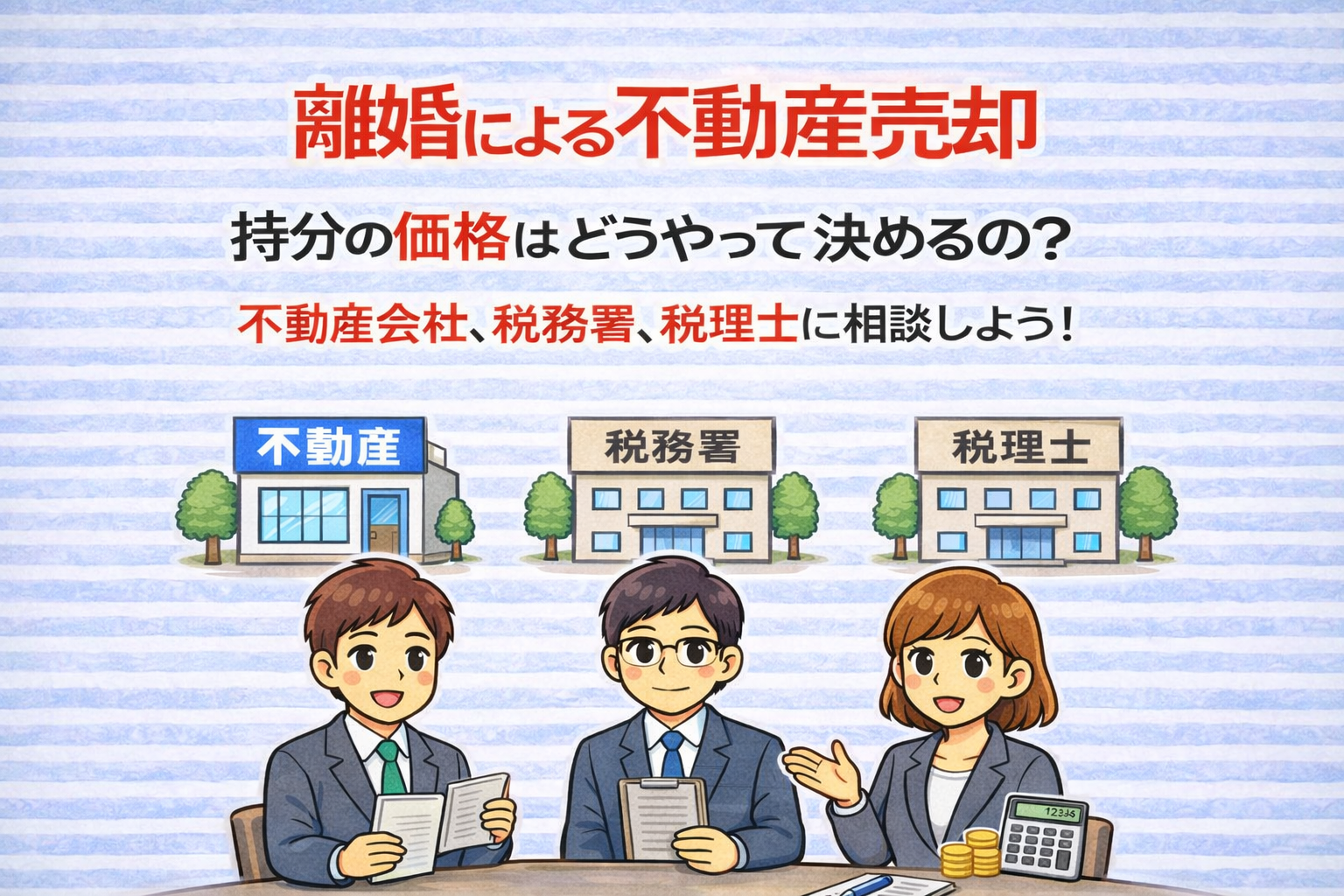 府中市の離婚による不動産売却で持分の価格をどうやって決めるかを解説したイラスト 不動産会社や税務署 税理士に相談する流れ