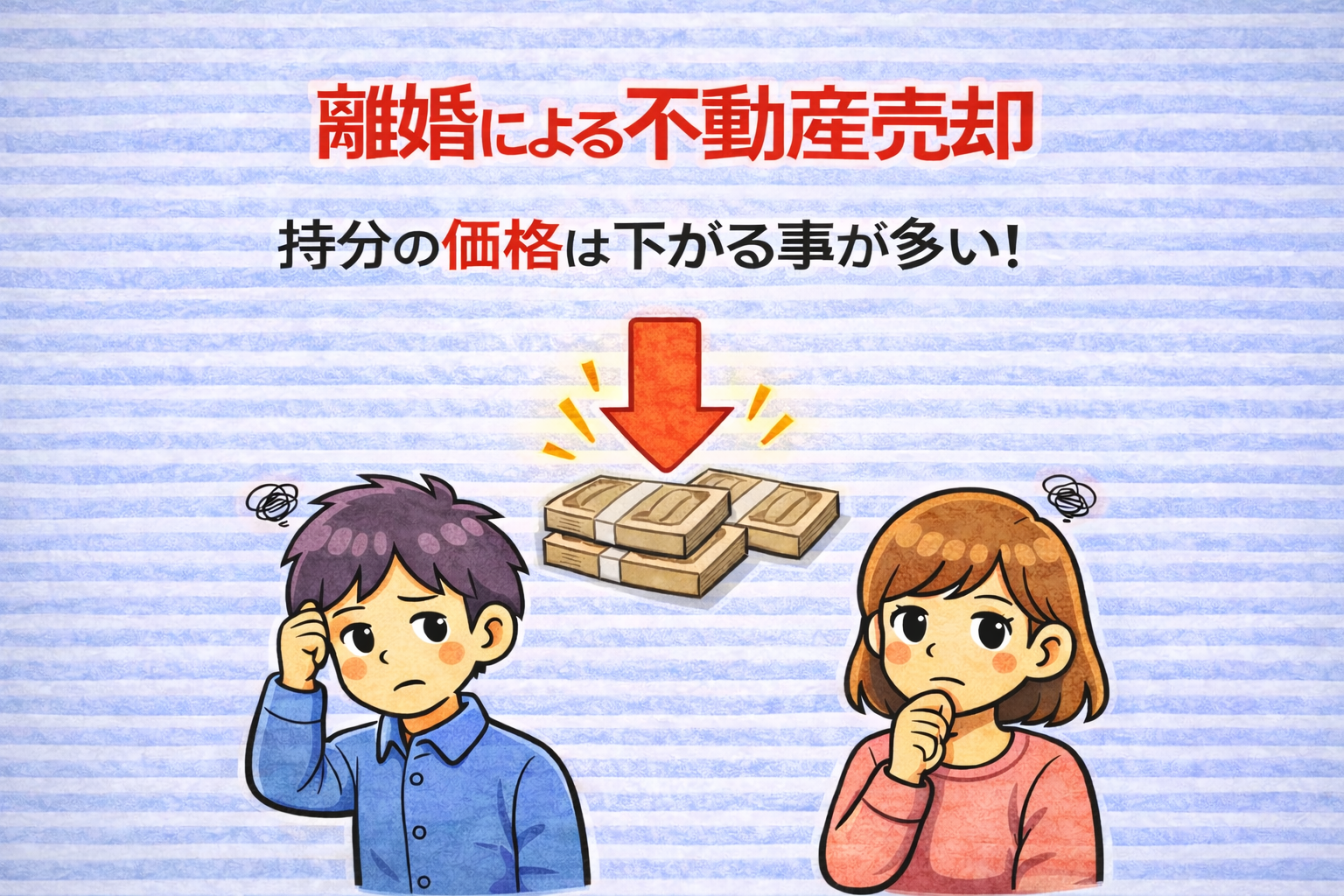 府中市の離婚による不動産売却で持分価格が下がるケースを解説したイラスト