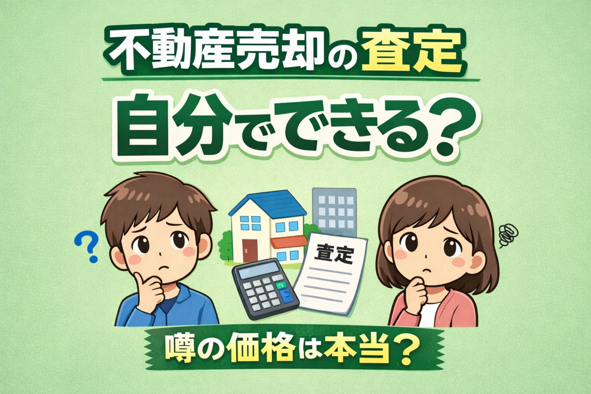 府中市の不動産売却査定は自分でできるのかを解説したイラスト 価格の信頼性に悩む男女の図
