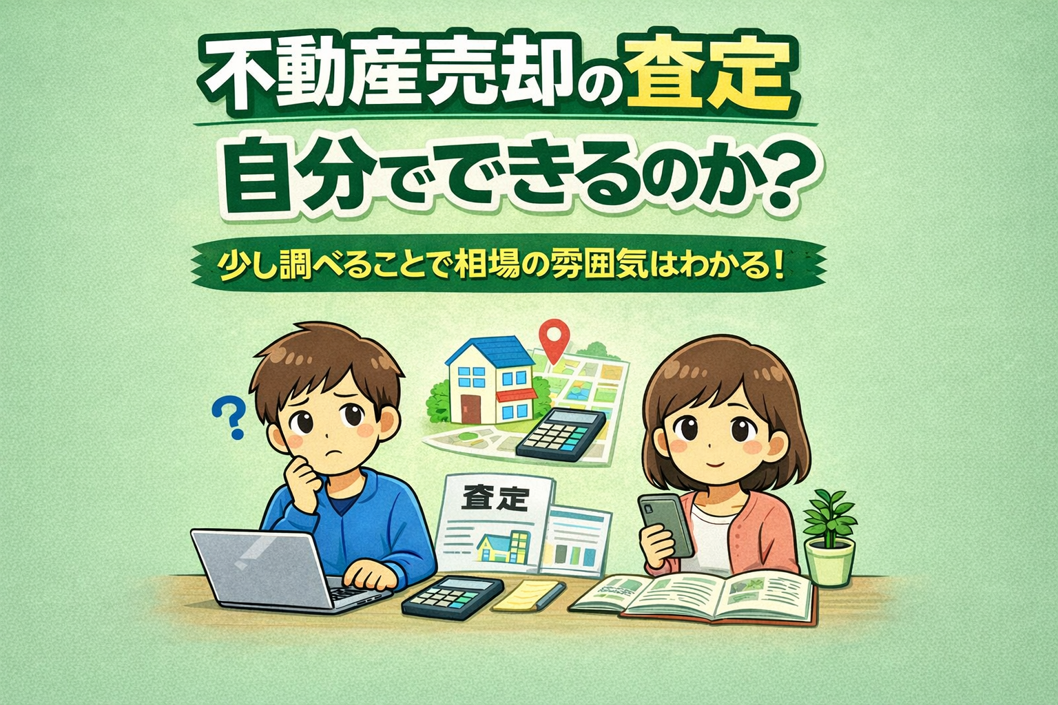 府中市の不動産売却査定は自分でできるのかを解説したイラスト 相場を調べて価格の目安を知る男女の図