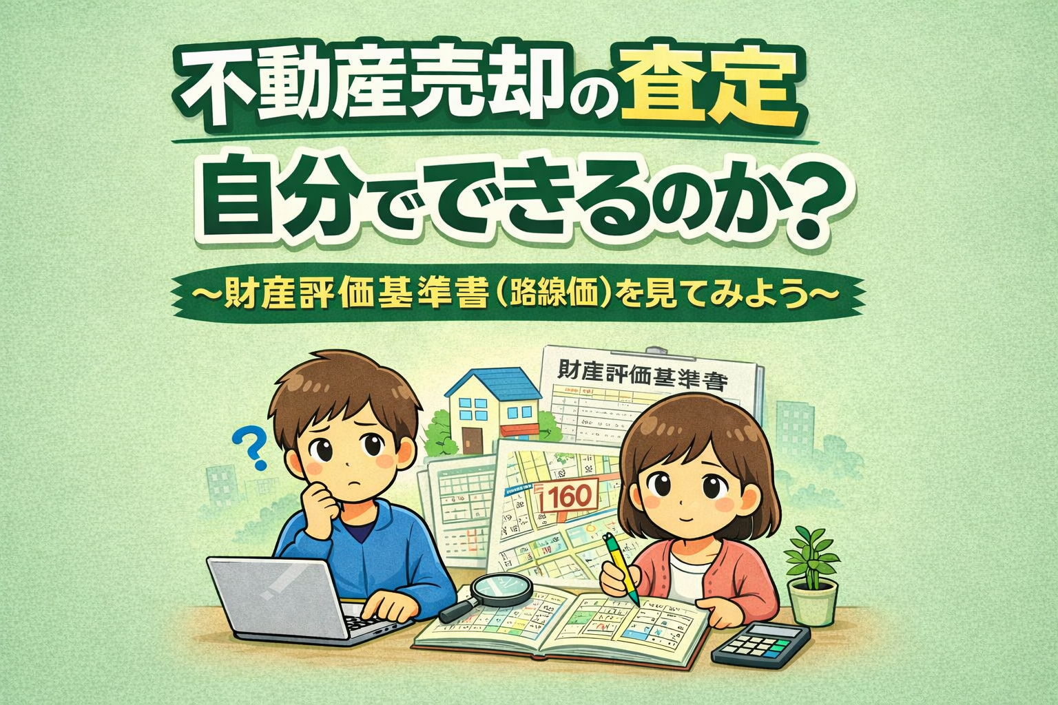 府中市の不動産売却査定で路線価を使って価格の目安を調べる方法を解説したイラスト 財産評価基準書を見る男女の図