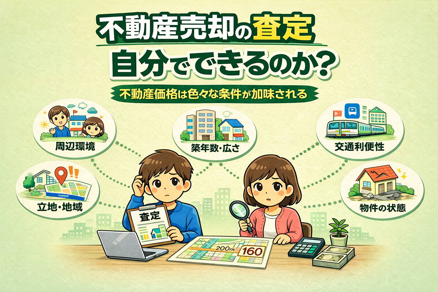 府中市の不動産売却査定は自分でできるのか？不動産価格が周辺環境・築年数・立地・交通・物件状態などの条件で決まる仕組みを解説したイラスト