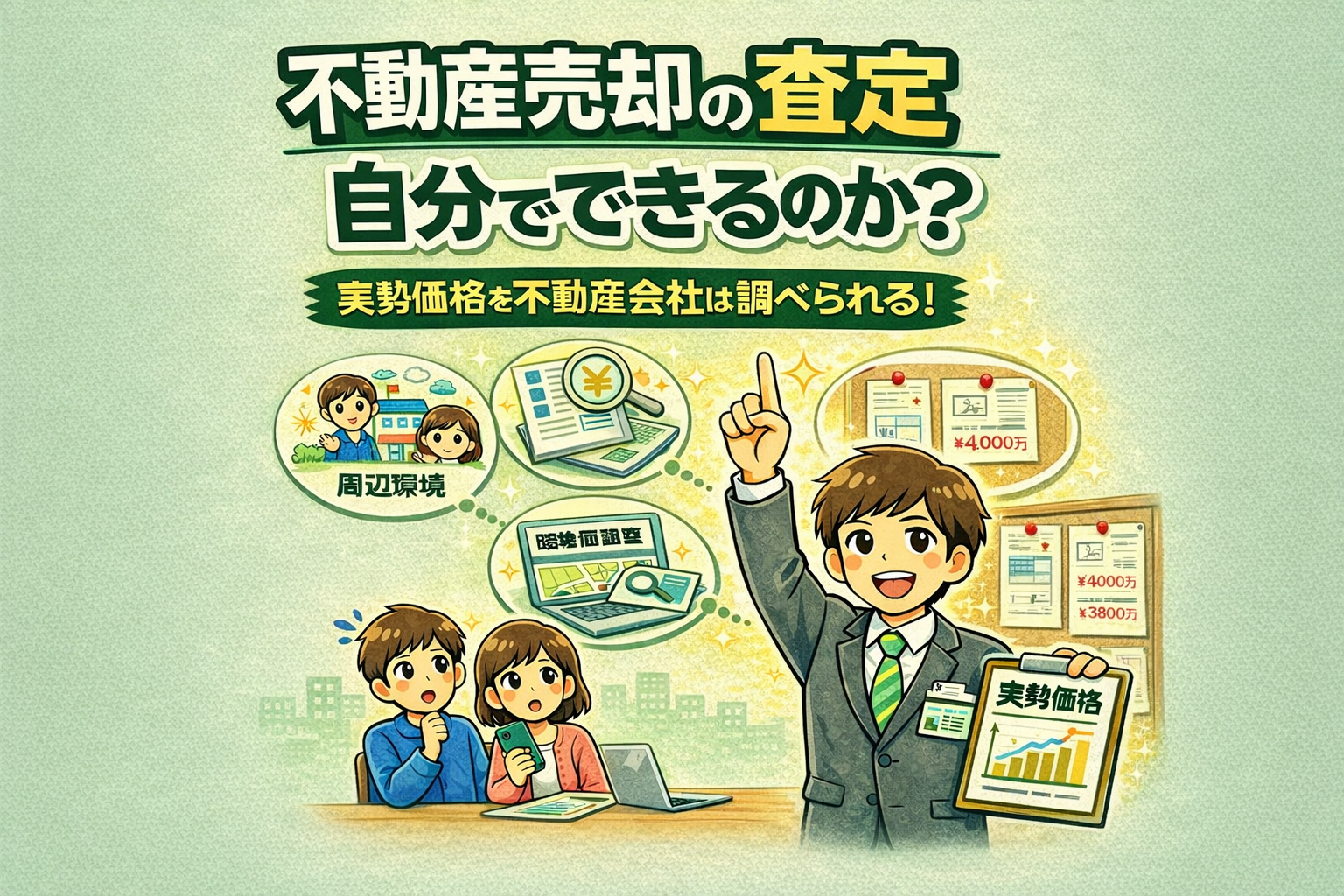 府中市の不動産売却査定は自分でできるのかを解説 不動産会社が実勢価格を調べる方法と査定のポイントを説明した図