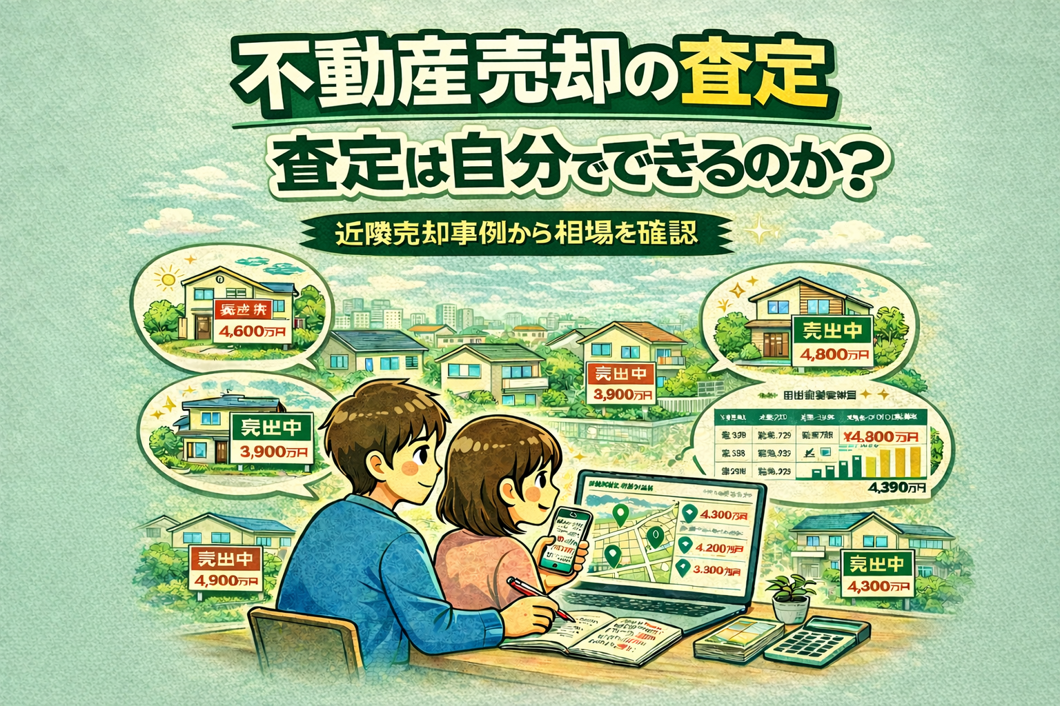府中市の不動産売却査定で自分で相場を調べる方法 近隣売却事例の価格を比較して査定するイメージ図