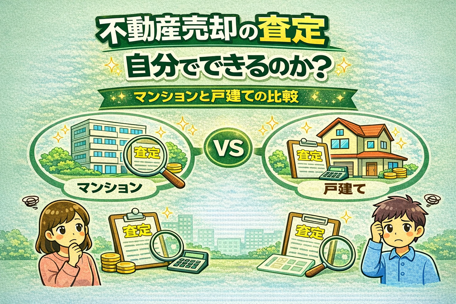 府中市の不動産売却で査定は自分でできるのかを解説し、マンションと戸建ての査定方法の違いを比較した図