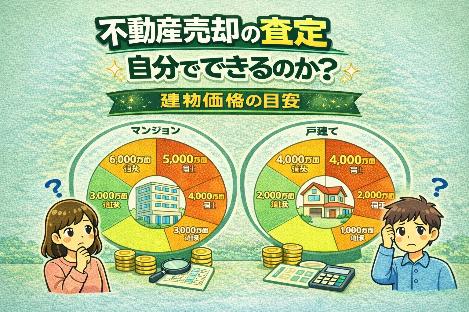 府中市の不動産売却で査定は自分でできるのかを解説し、建物価格の目安をマンションと戸建てで比較した図
