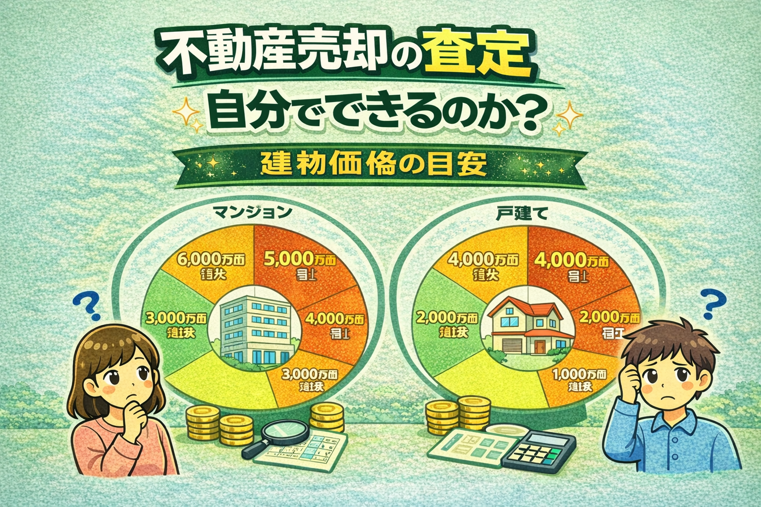 府中市の不動産売却で査定は自分でできるのかを解説し、建物価格の目安をマンションと戸建てで比較した図