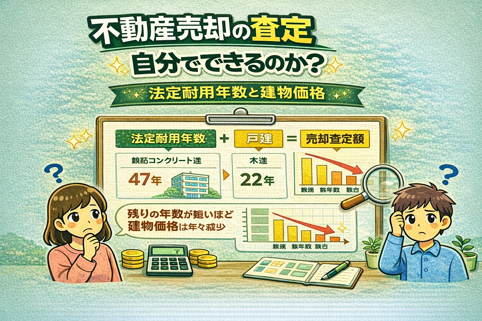 府中市の不動産売却査定で法定耐用年数と建物価格の関係を解説 木造と鉄筋コンクリートの耐用年数と価格減少の仕組みがわかる図
