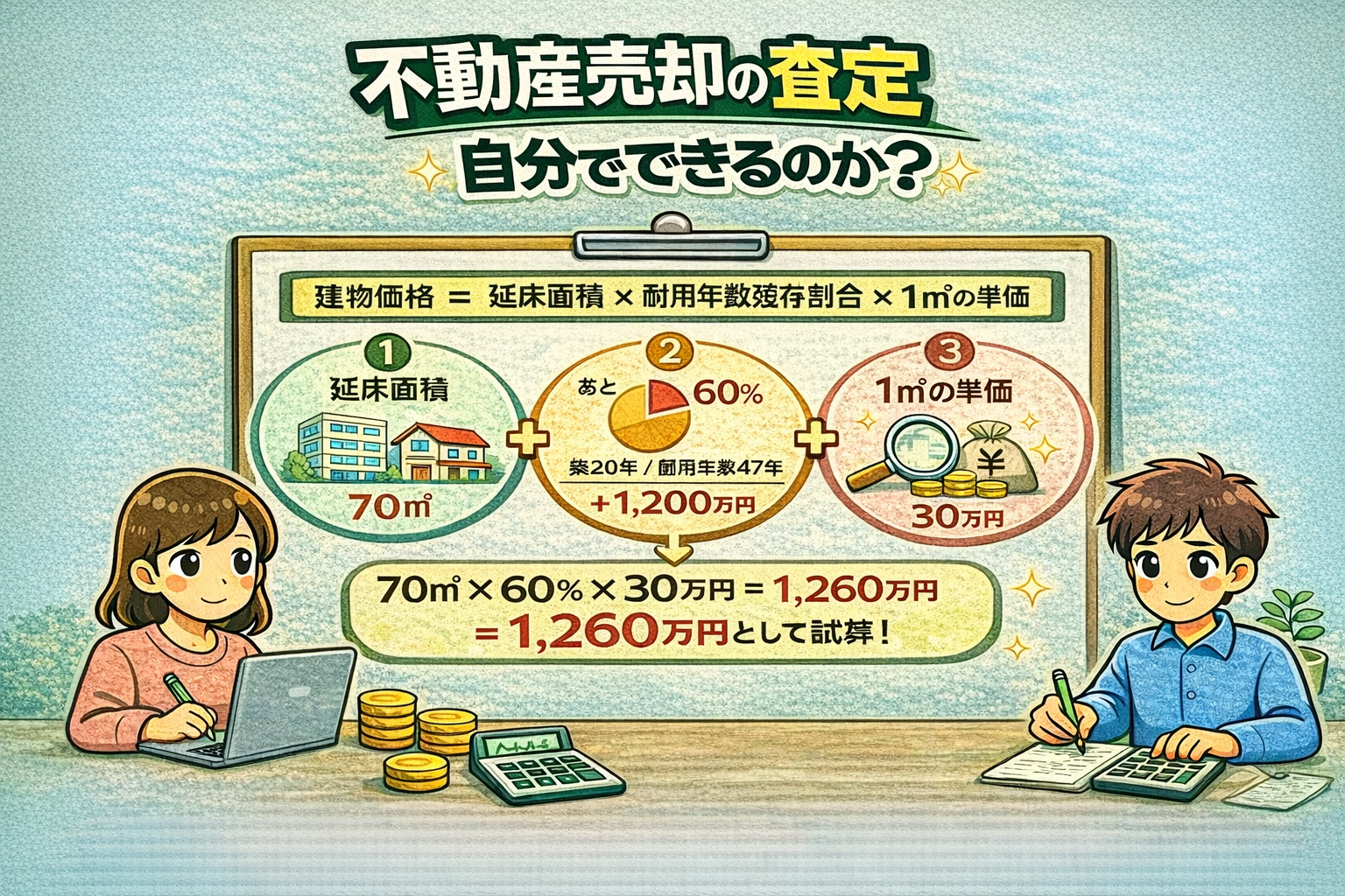府中市の不動産売却査定で建物価格の計算例を解説 延床面積や耐用年数割合や単価から算出する方法がわかる図