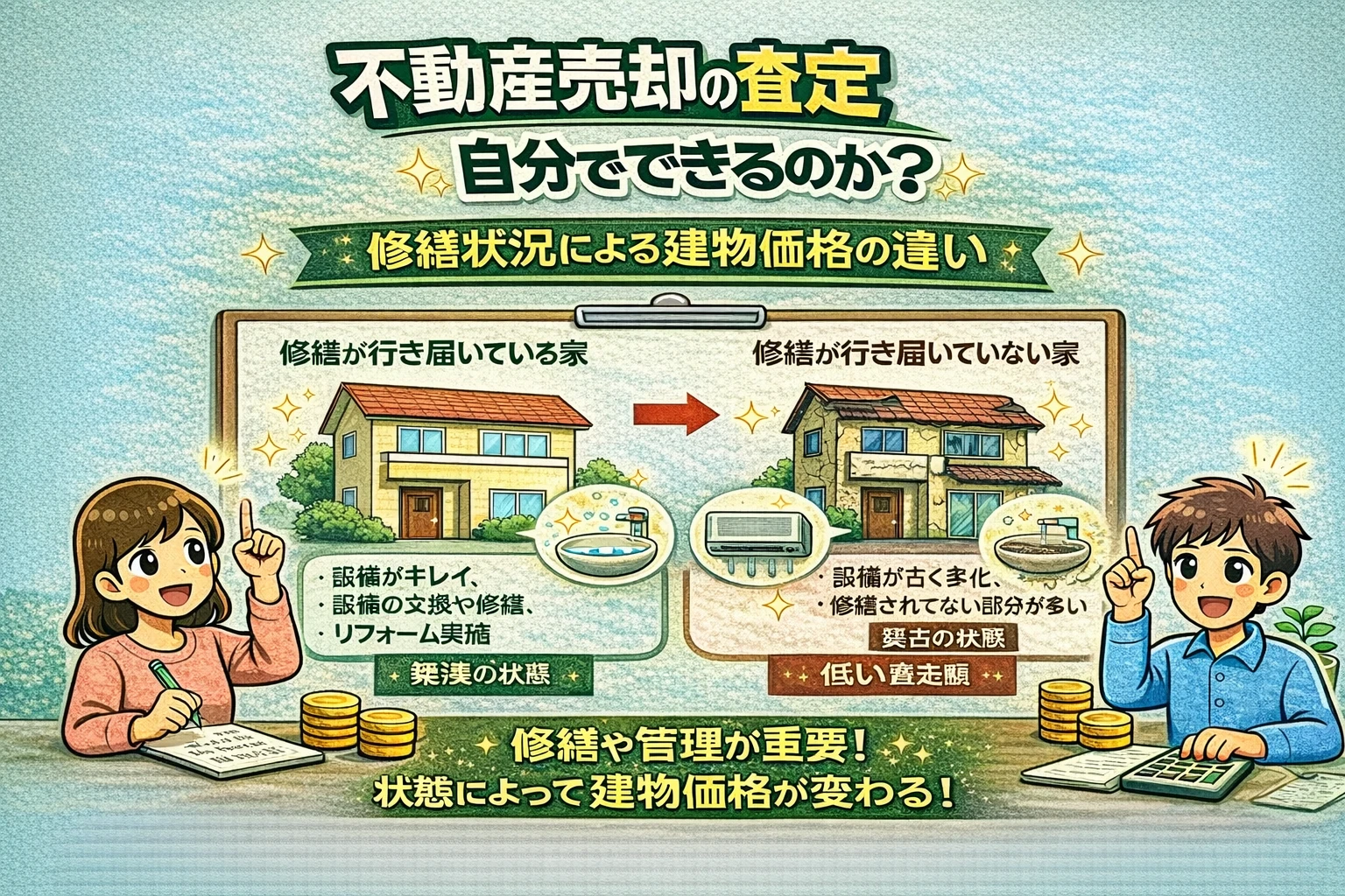府中市の不動産売却査定で修繕状況による建物価格の違いを解説 修繕済みと未修繕で査定額が変わるポイントがわかる図