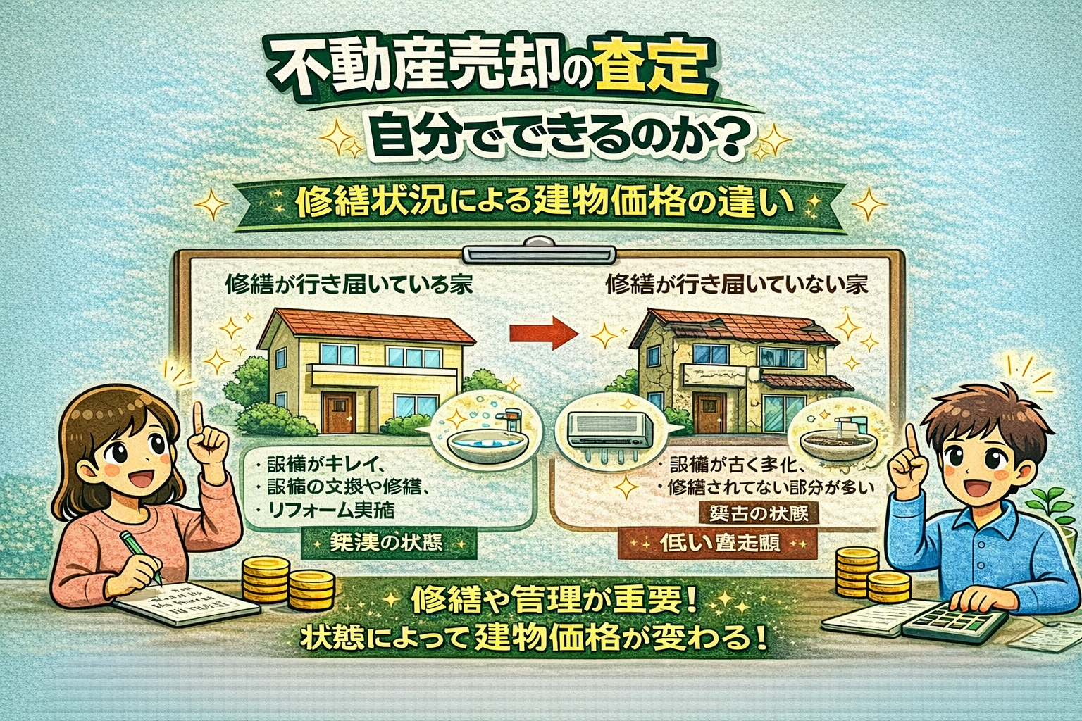 府中市の不動産売却査定で修繕状況による建物価格の違いを解説 修繕済みと未修繕で査定額が変わるポイントがわかる図