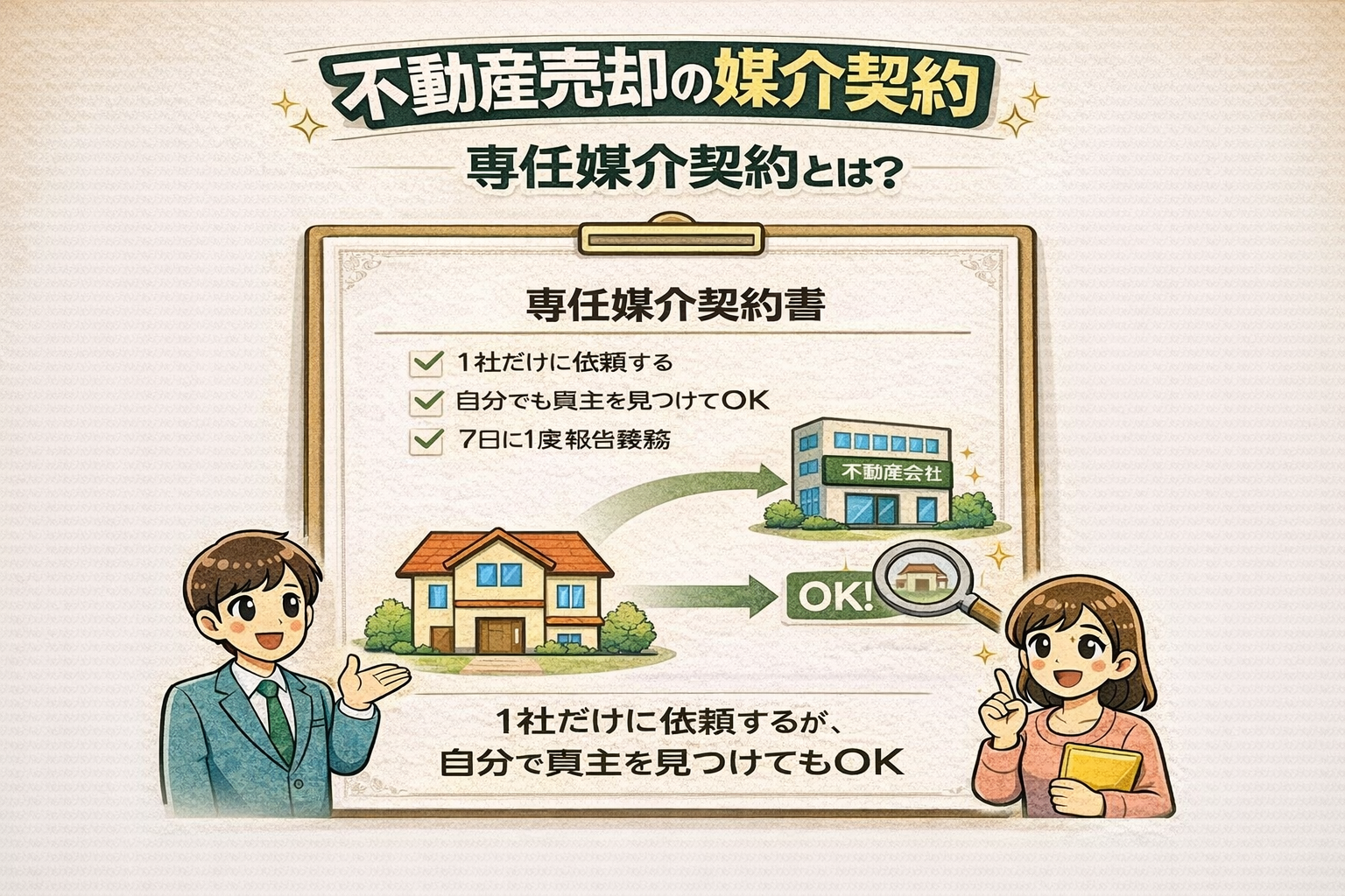 府中市の不動産売却で専任媒介契約とは何かを解説 1社のみ依頼できるが自分で買主を見つけることは可能な仕組みがわかる図