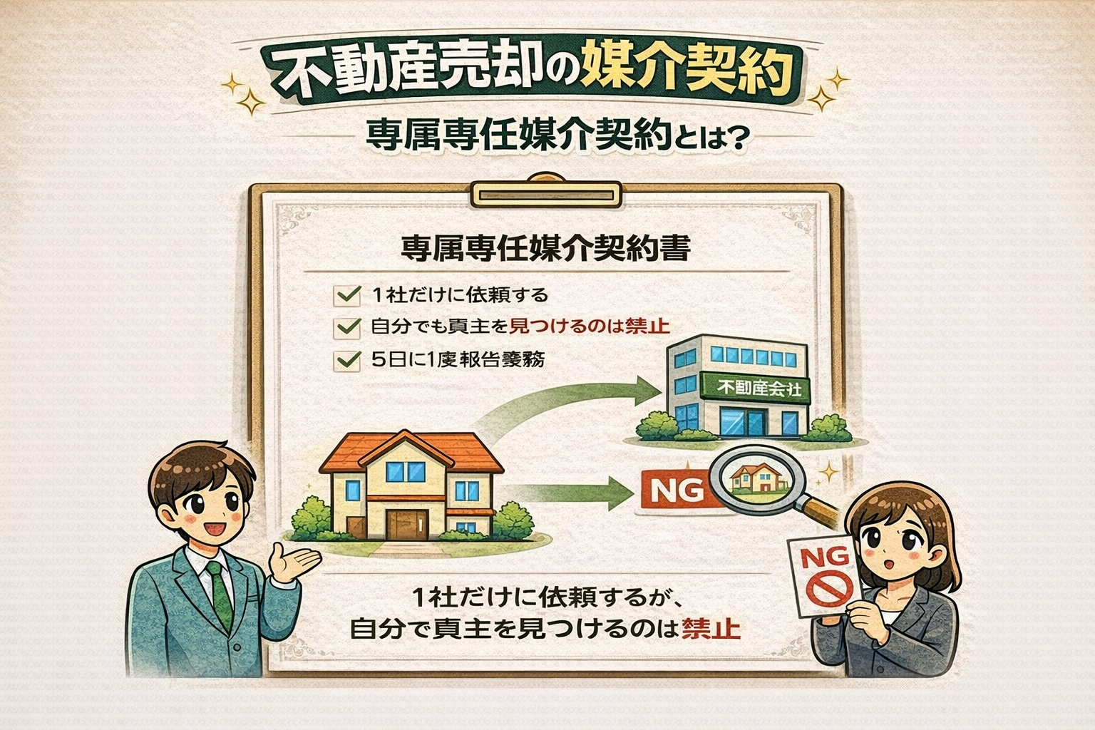 府中市の不動産売却で専属専任媒介契約とは何かを解説 1社のみ依頼かつ自分で買主を見つけることが禁止される特徴がわかる図