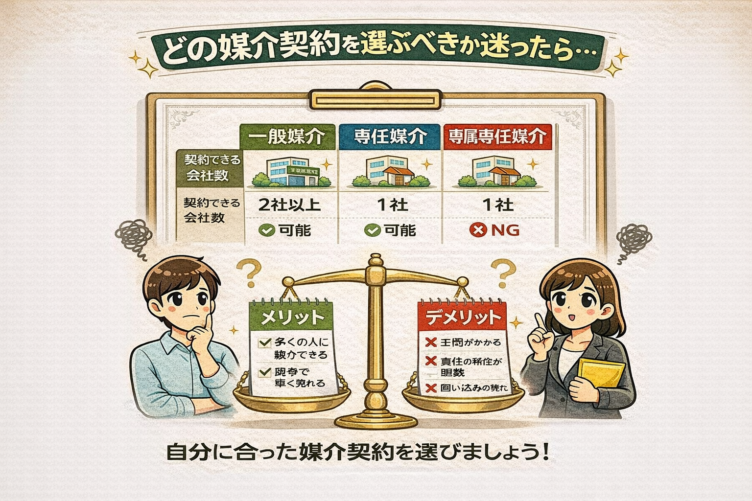 府中市の不動産売却で媒介契約を複数の不動産会社に依頼するべきかを解説 メリットとデメリットを比較して選び方がわかる図