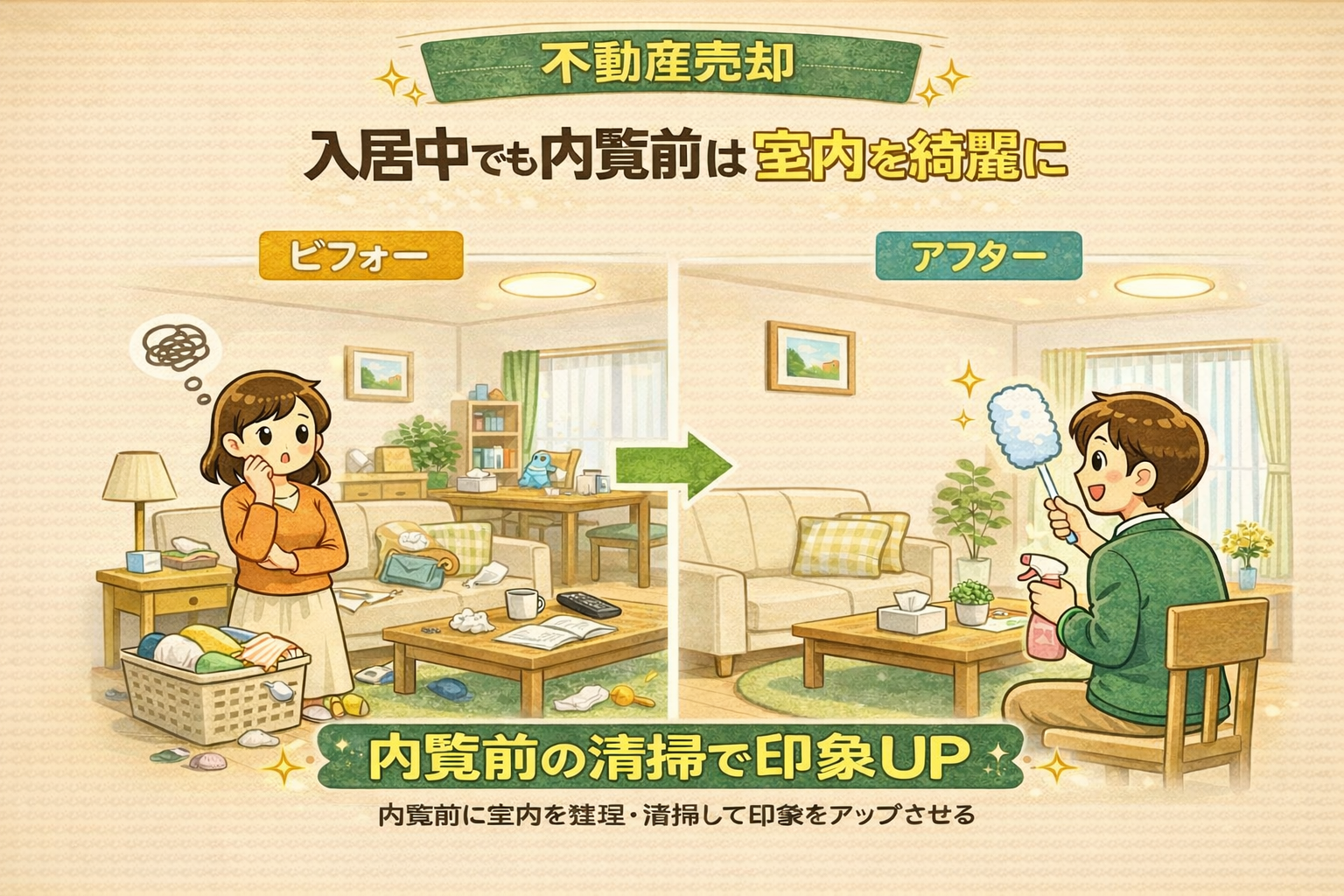 府中市の不動産売却で入居中の内覧前は室内を綺麗にする重要性を解説 清掃で印象が変わるビフォーアフターの図