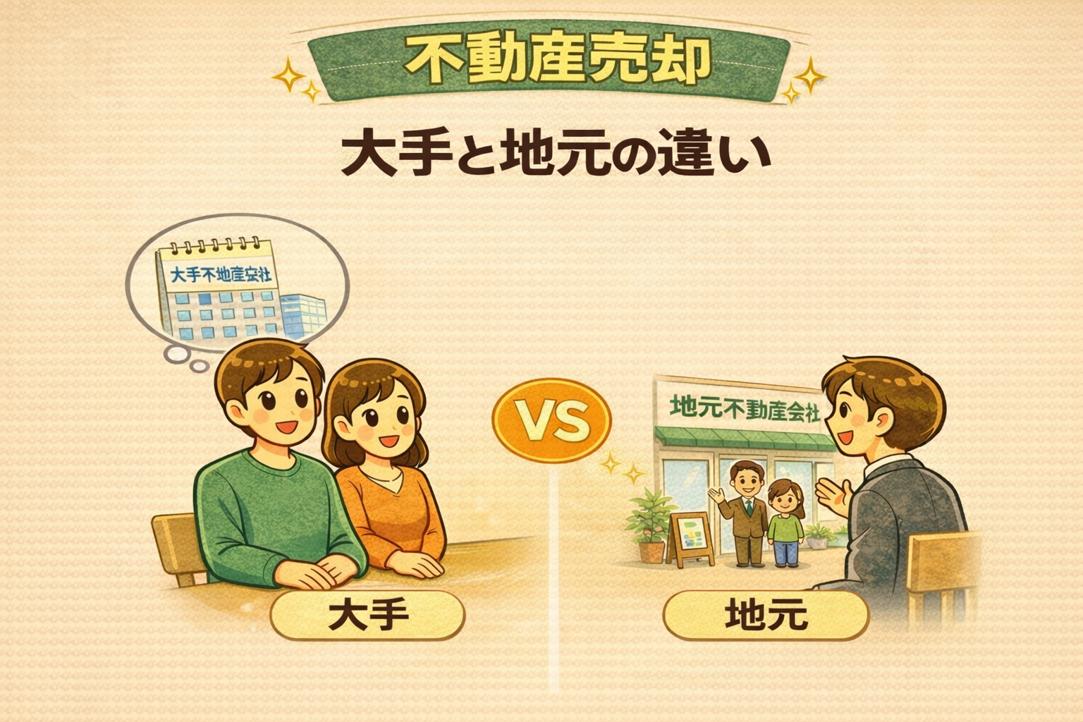 府中市の不動産売却で大手と地元不動産会社の違いを比較したイラスト