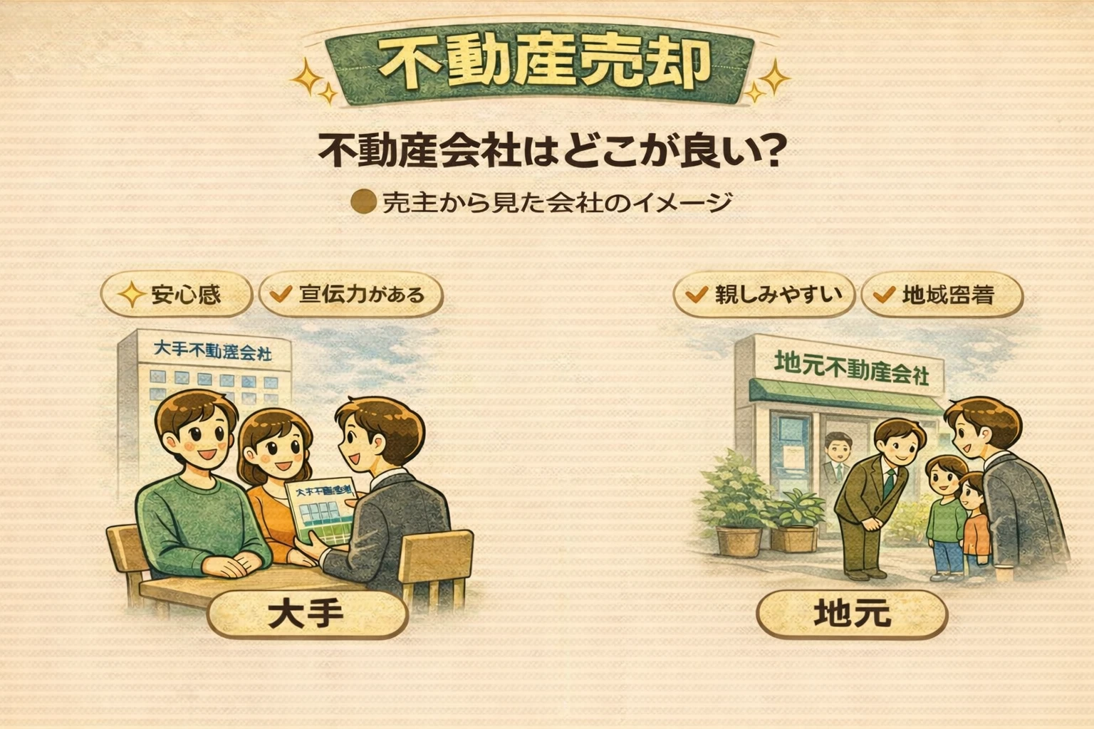 府中市の不動産売却で売主から見た不動産会社のイメージを比較したイラスト