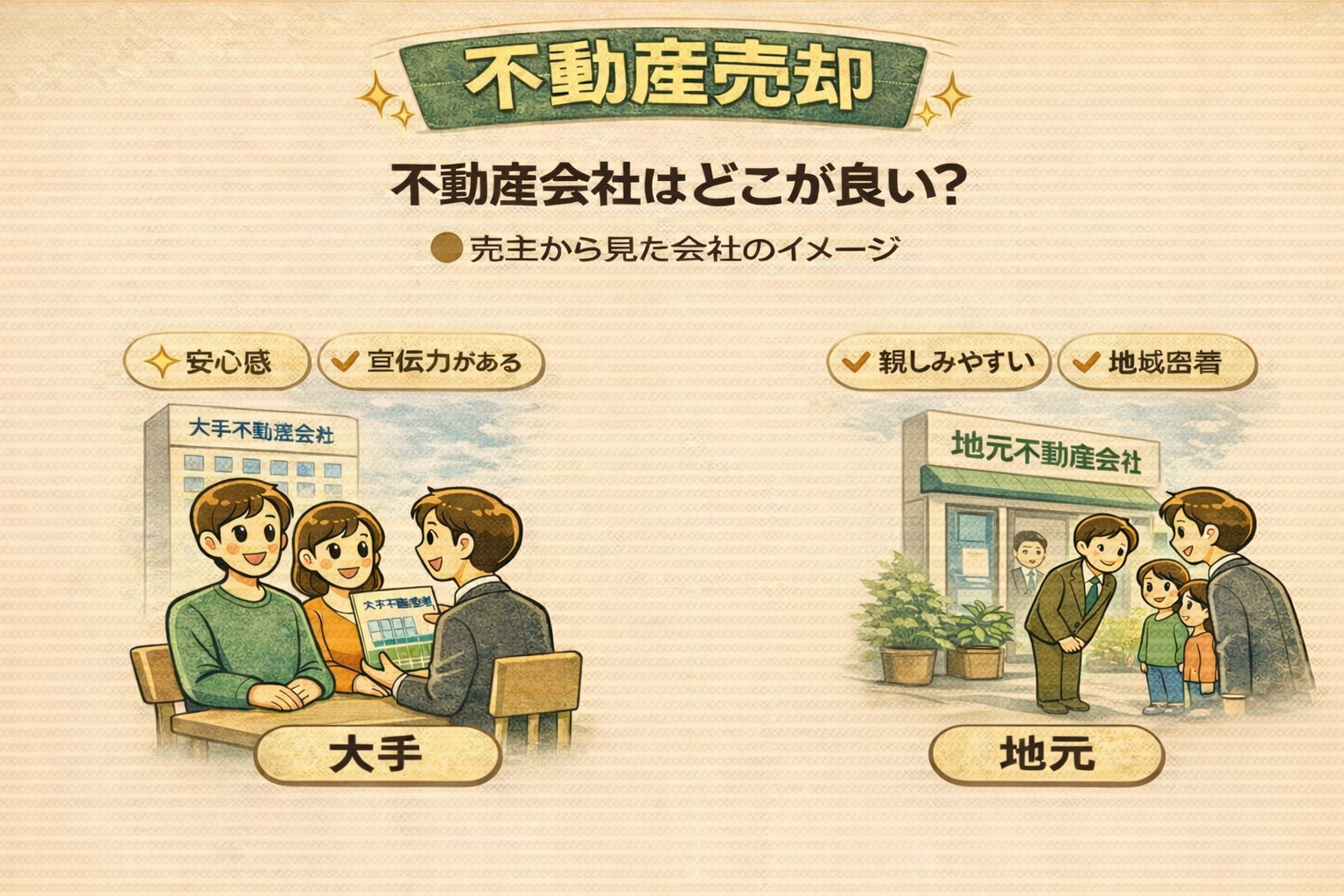 府中市の不動産売却で売主から見た不動産会社のイメージを比較したイラスト