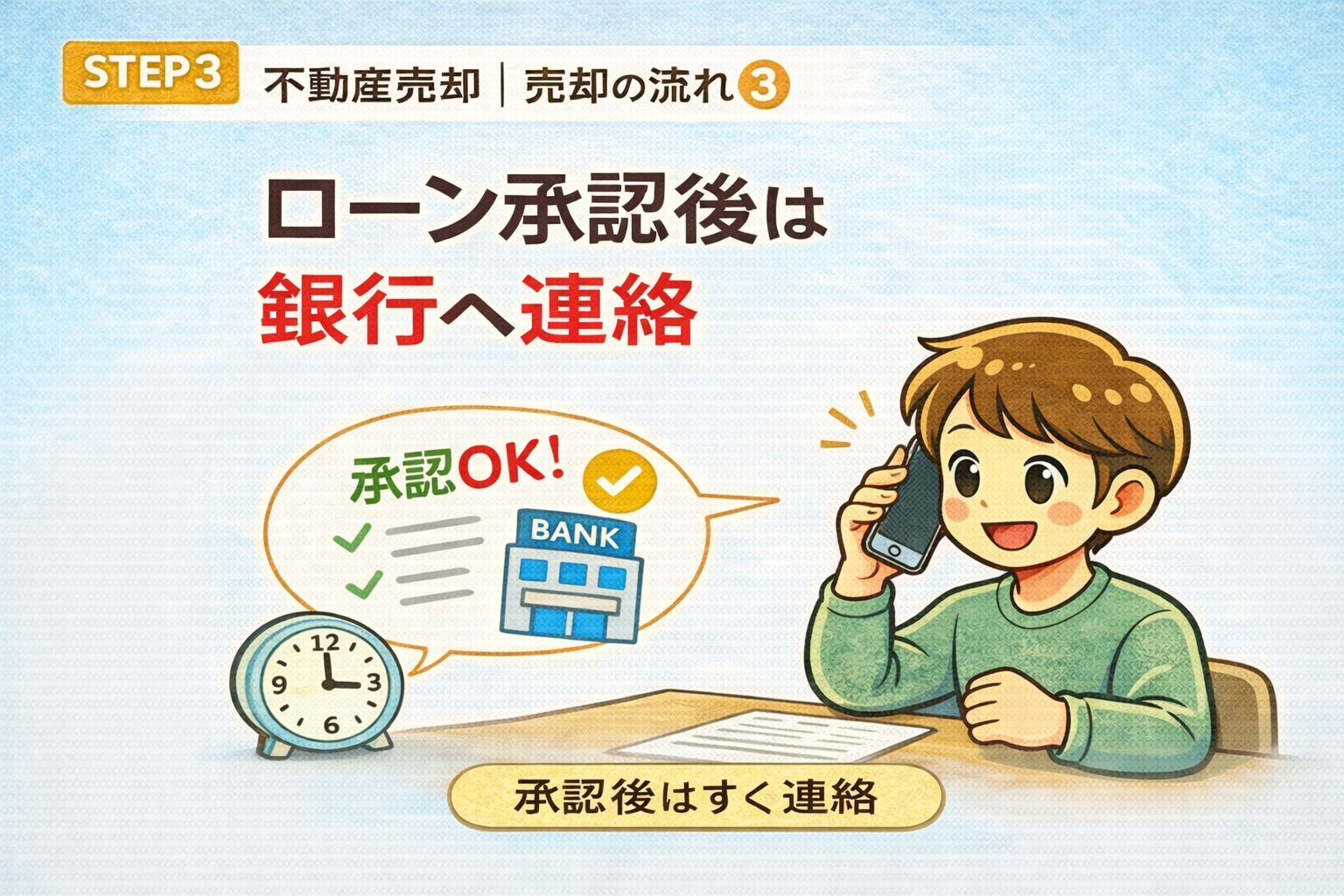 府中市の不動産売却でローン承認後に銀行へ連絡する流れを解説したイラスト