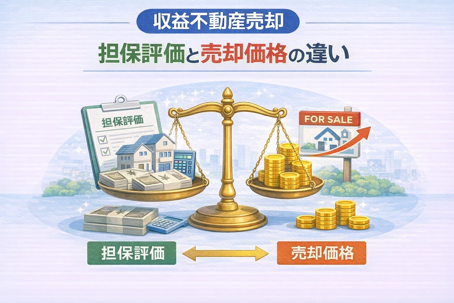 府中市の収益不動産売却で担保評価と売却価格の違いを解説した図