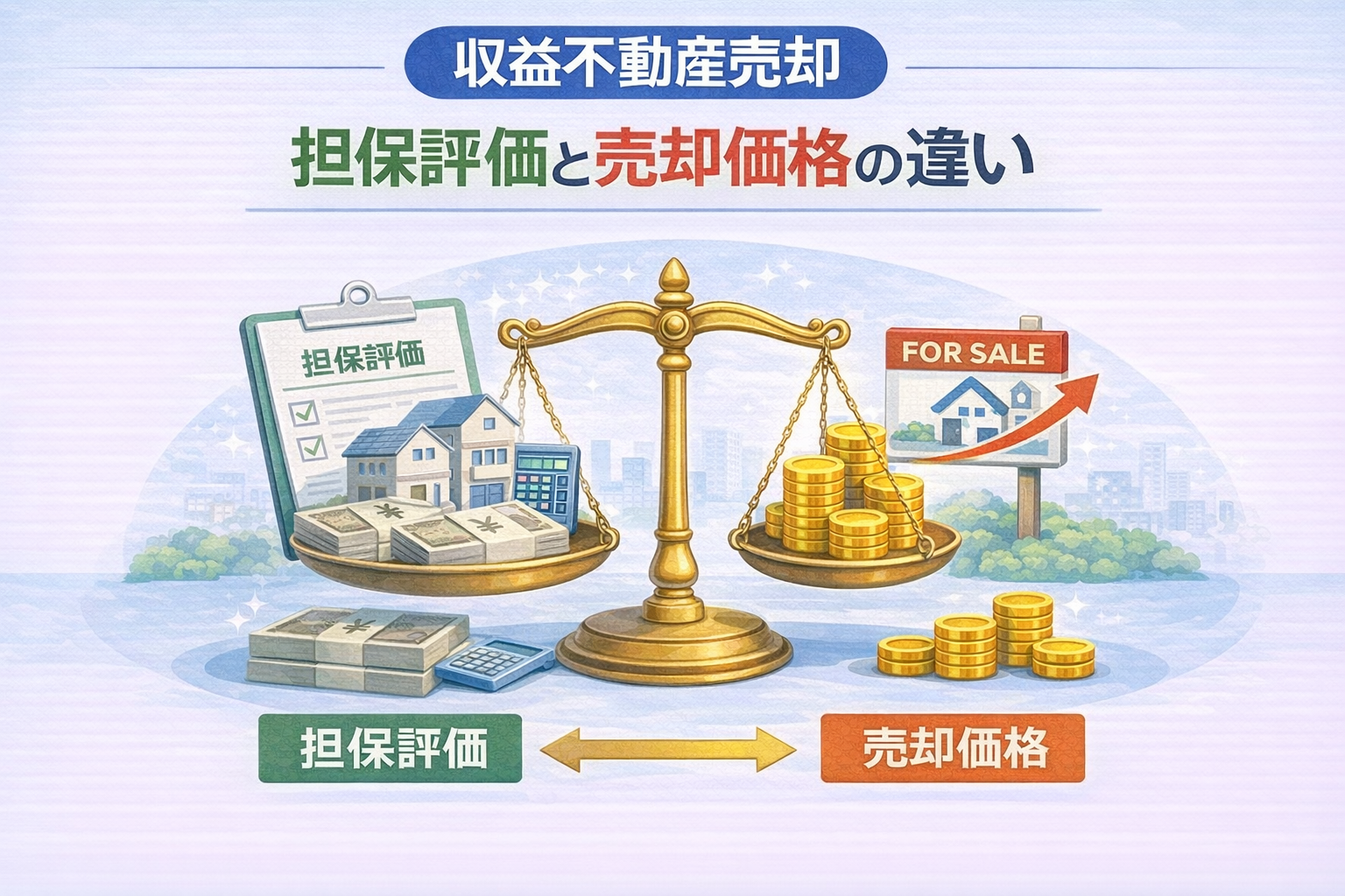 府中市の収益不動産売却で担保評価と売却価格の違いを解説した図