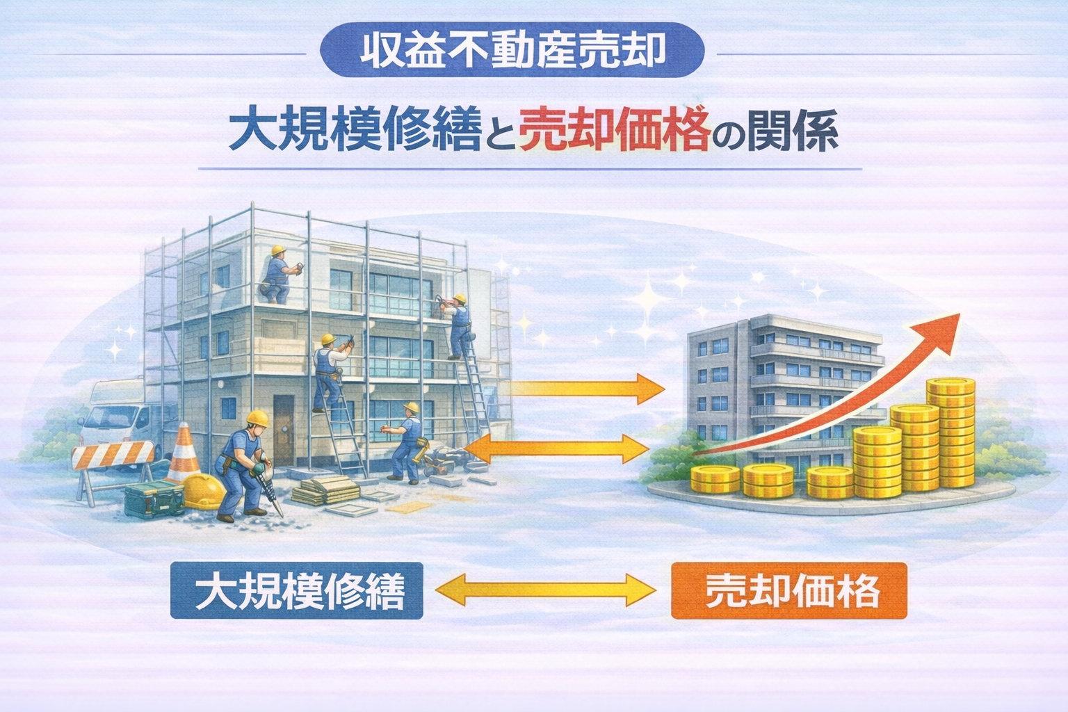府中市の収益不動産売却で大規模修繕と売却価格の関係を解説した図
