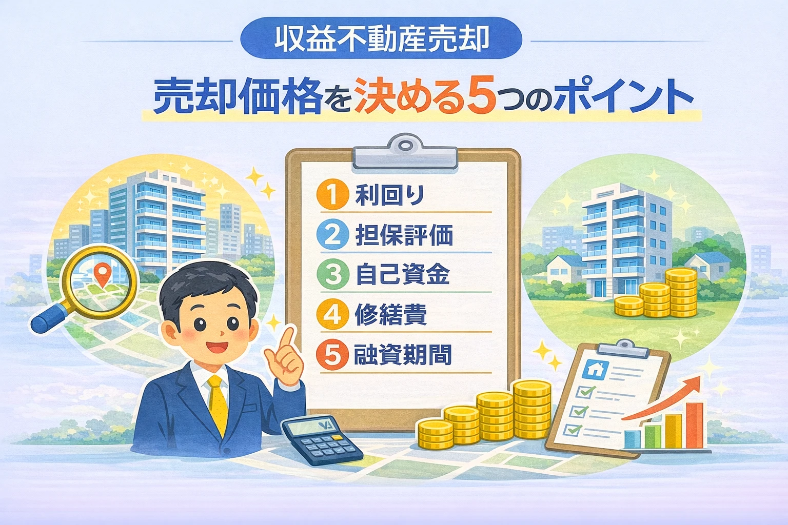 府中市の収益不動産売却で価格を決める5つのポイントをまとめた図