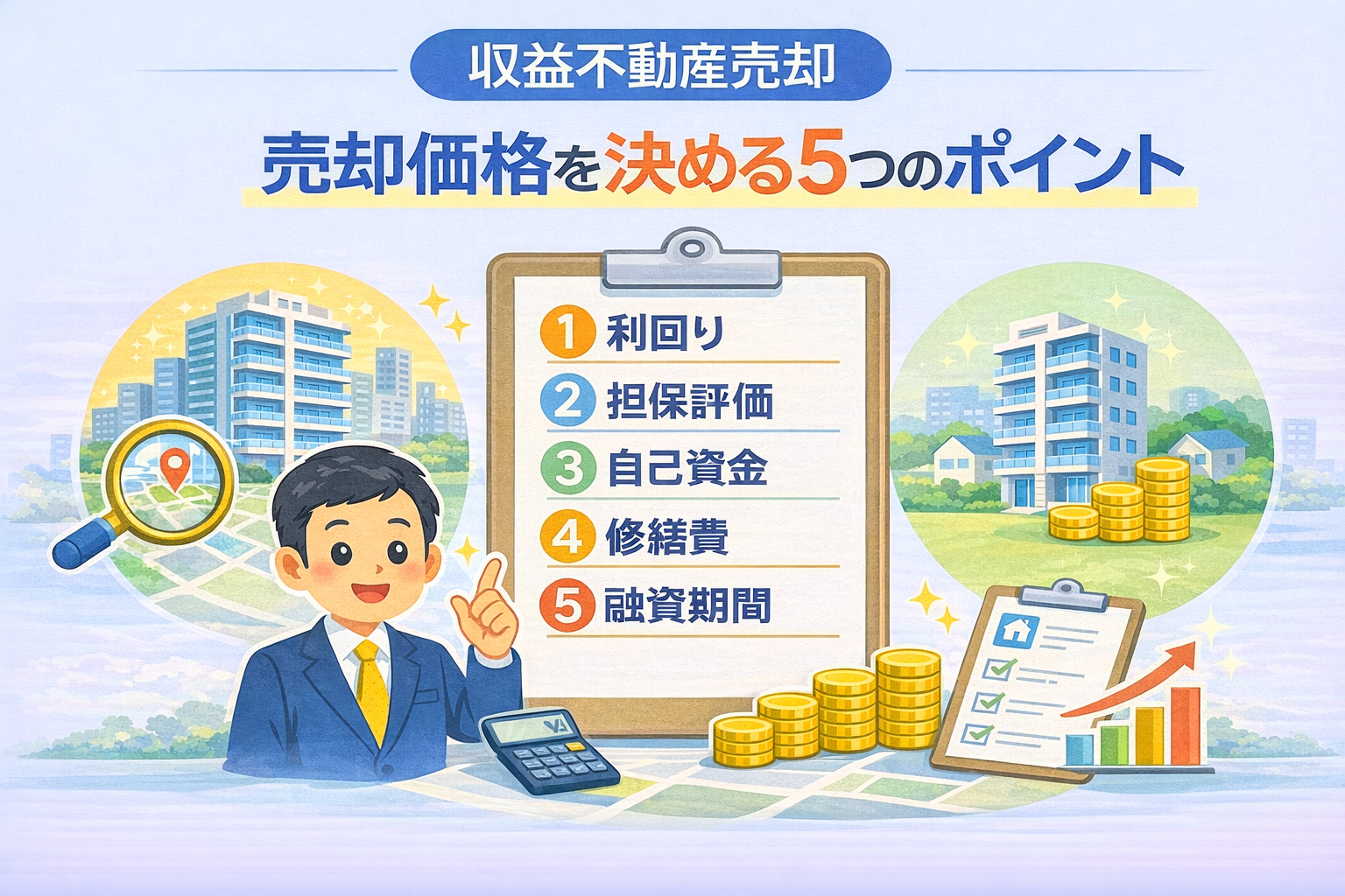 府中市の収益不動産売却で価格を決める5つのポイントをまとめた図