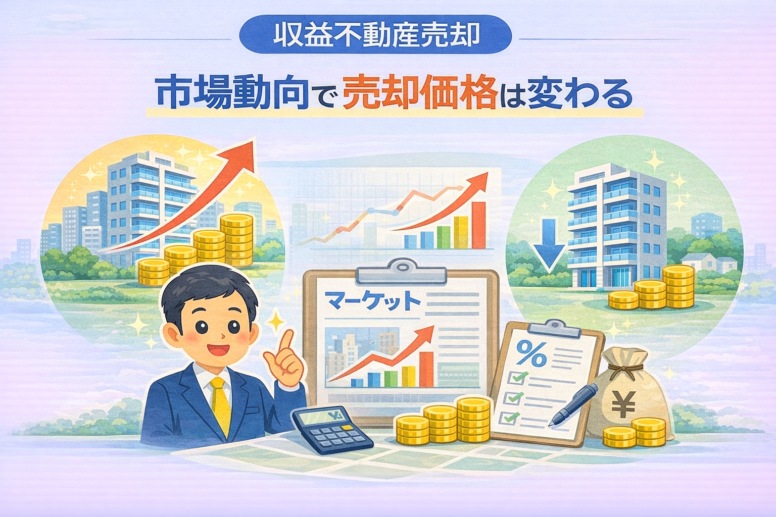 府中市の収益不動産売却で市場動向や金利が価格に影響する図