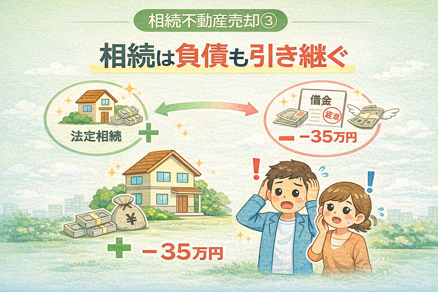 府中市の相続不動産売却で不動産とともに負債も引き継ぐリスクを示した図