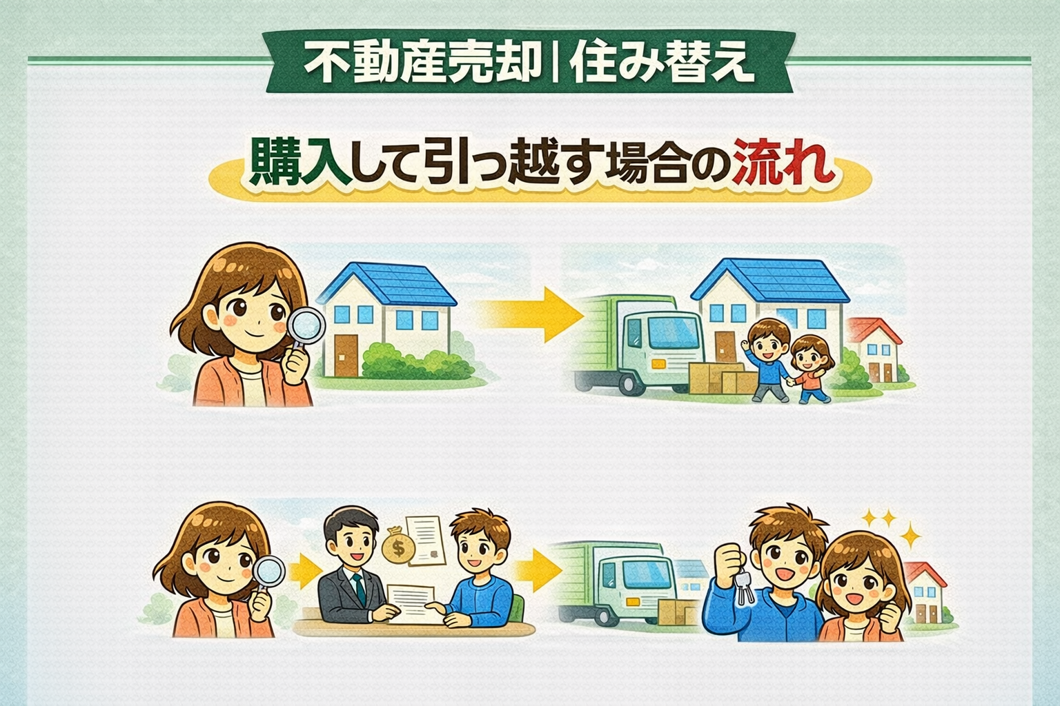 府中市の不動産売却で先に購入して引っ越す場合の流れを解説した図