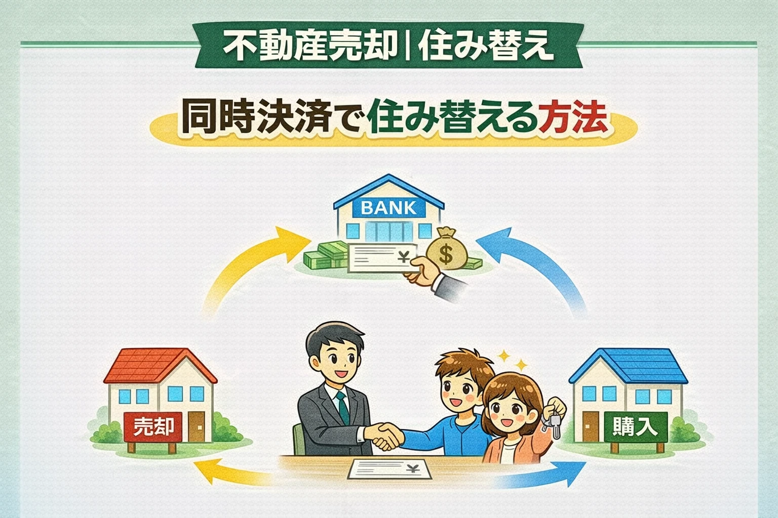 府中市で不動産売却と購入を同時決済で住み替える方法を解説した図
