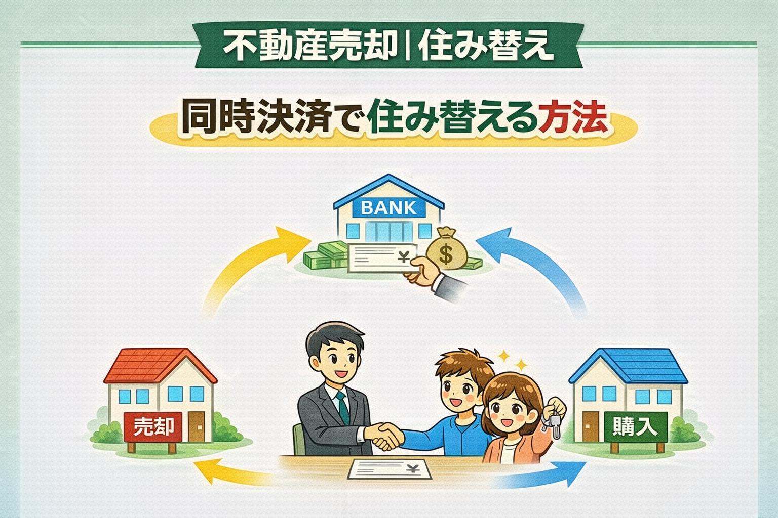 府中市で不動産売却と購入を同時決済で住み替える方法を解説した図