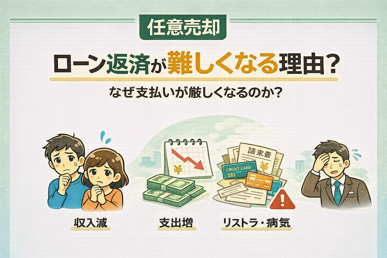 府中市で住宅ローン返済が難しくなる主な理由を説明した図