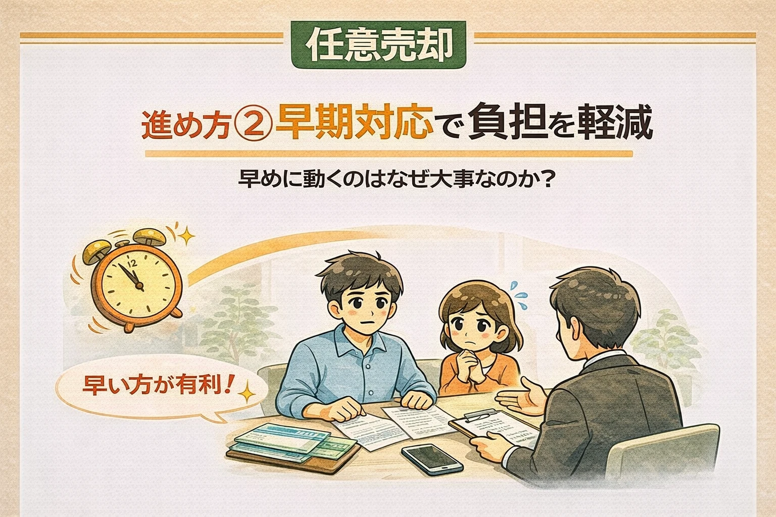 府中市で任意売却は早期対応により負担を軽減できることを説明した図