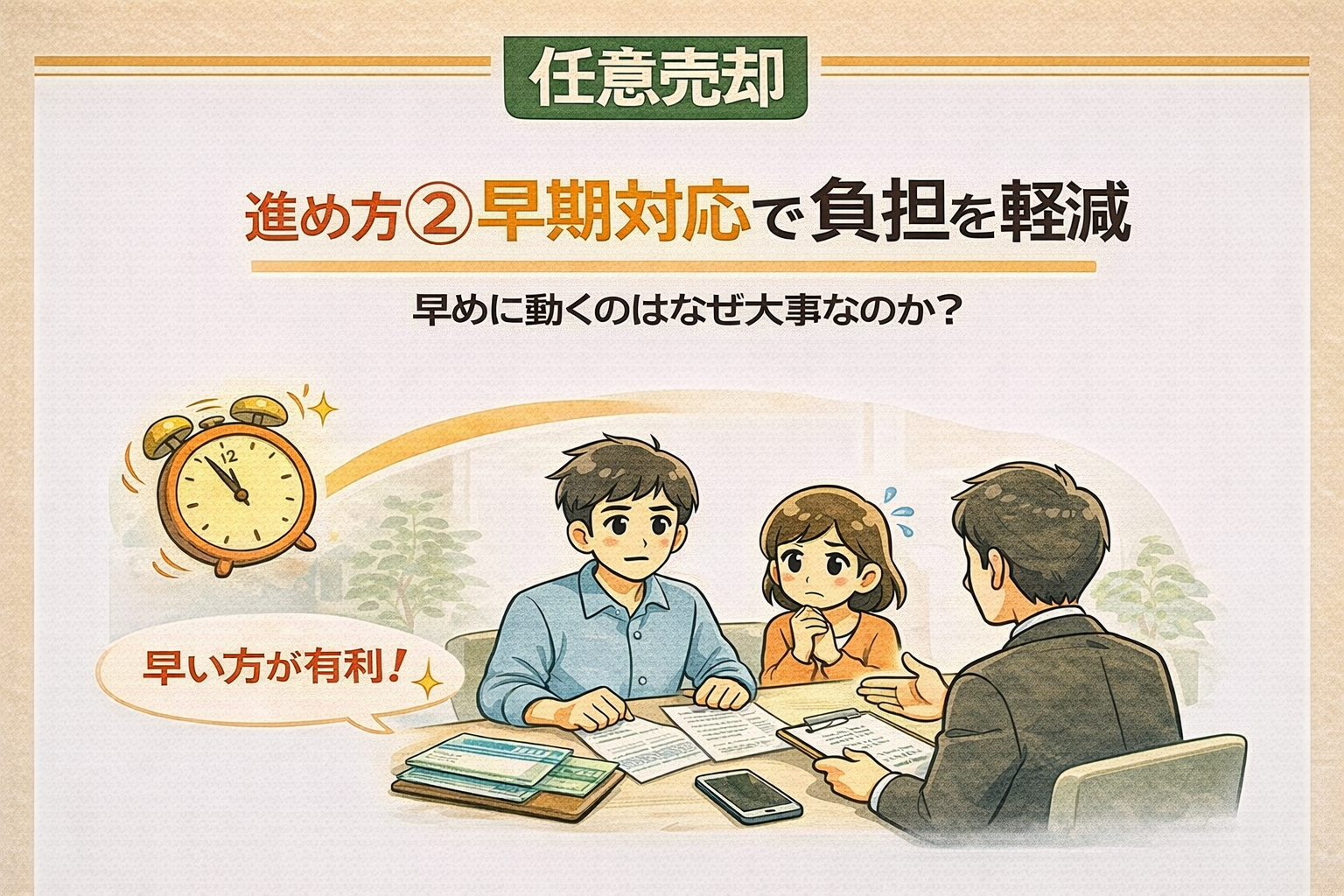 府中市で任意売却は早期対応により負担を軽減できることを説明した図