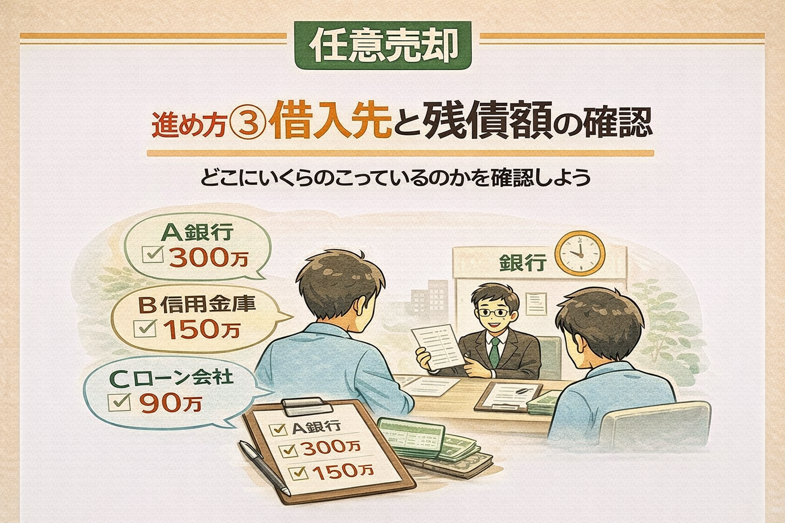 府中市で任意売却を進めるための借入先と残債額の確認方法の図