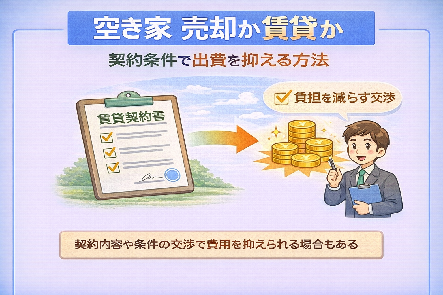 府中市で空き家賃貸の契約条件で費用を抑える方法を解説した図
