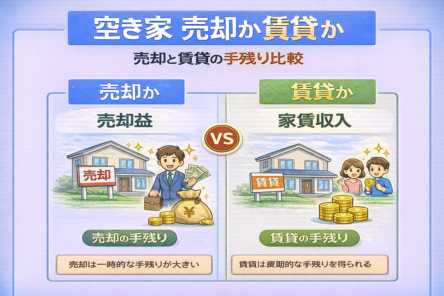 府中市で空き家の売却と賃貸の手残りを比較した図