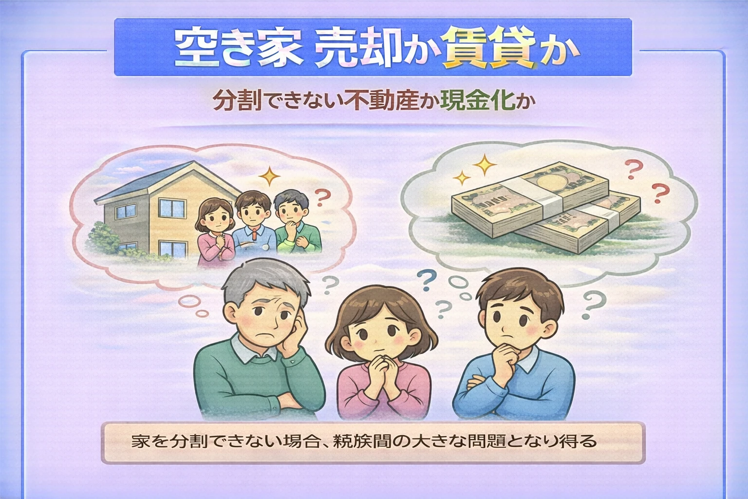 府中市で空き家を分割できない場合の現金化や相続の考え方を解説した図