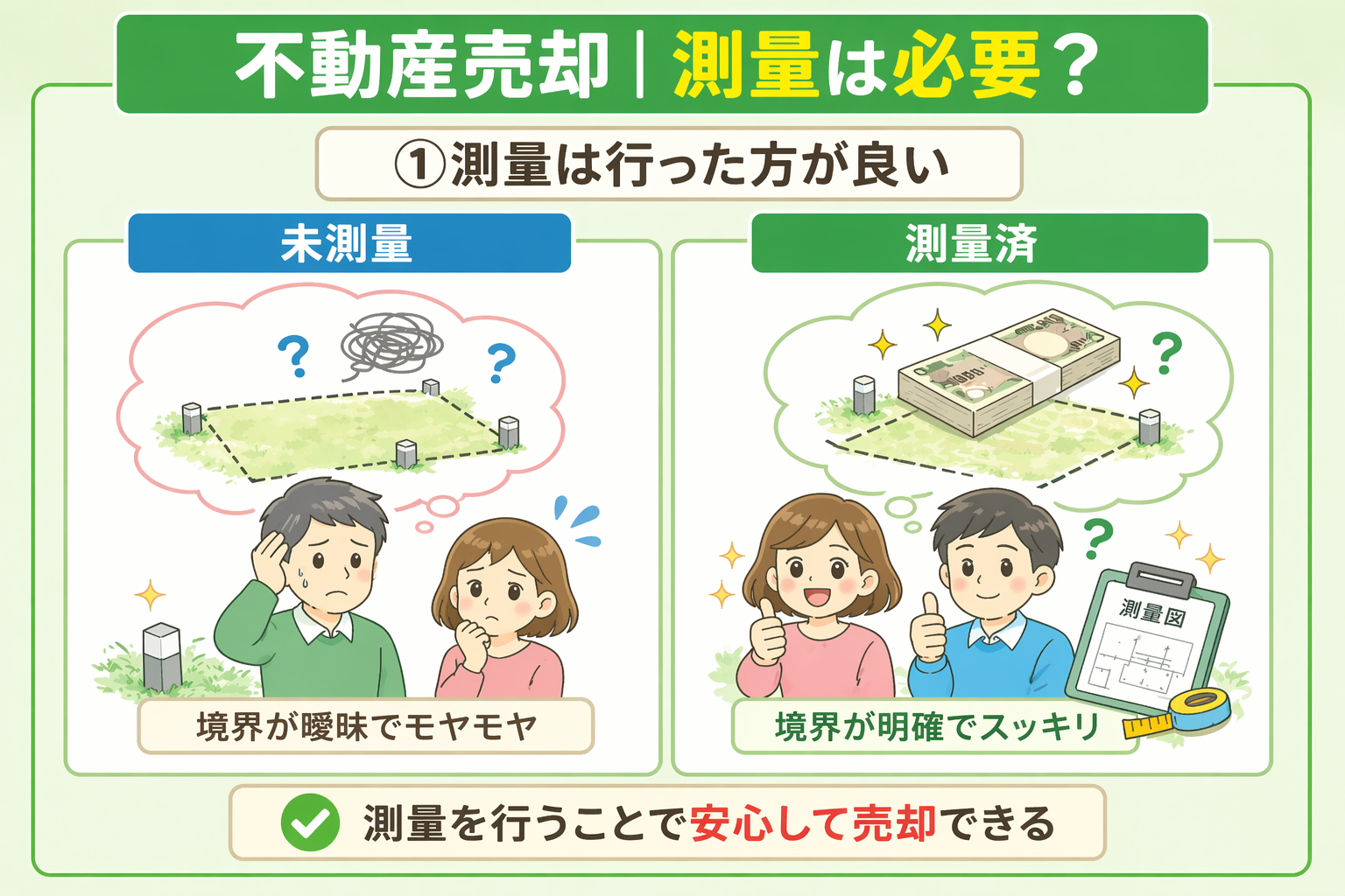 府中市の不動産売却で測量は行った方が良い理由を解説した図 未測量と測量済の違い