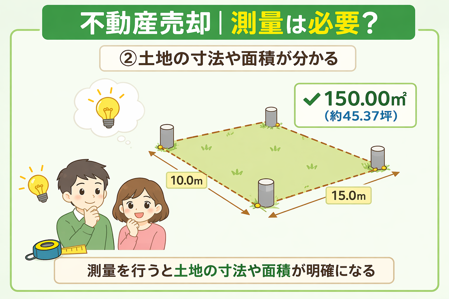 府中市の不動産売却で測量により土地の寸法や面積が分かることを説明した図